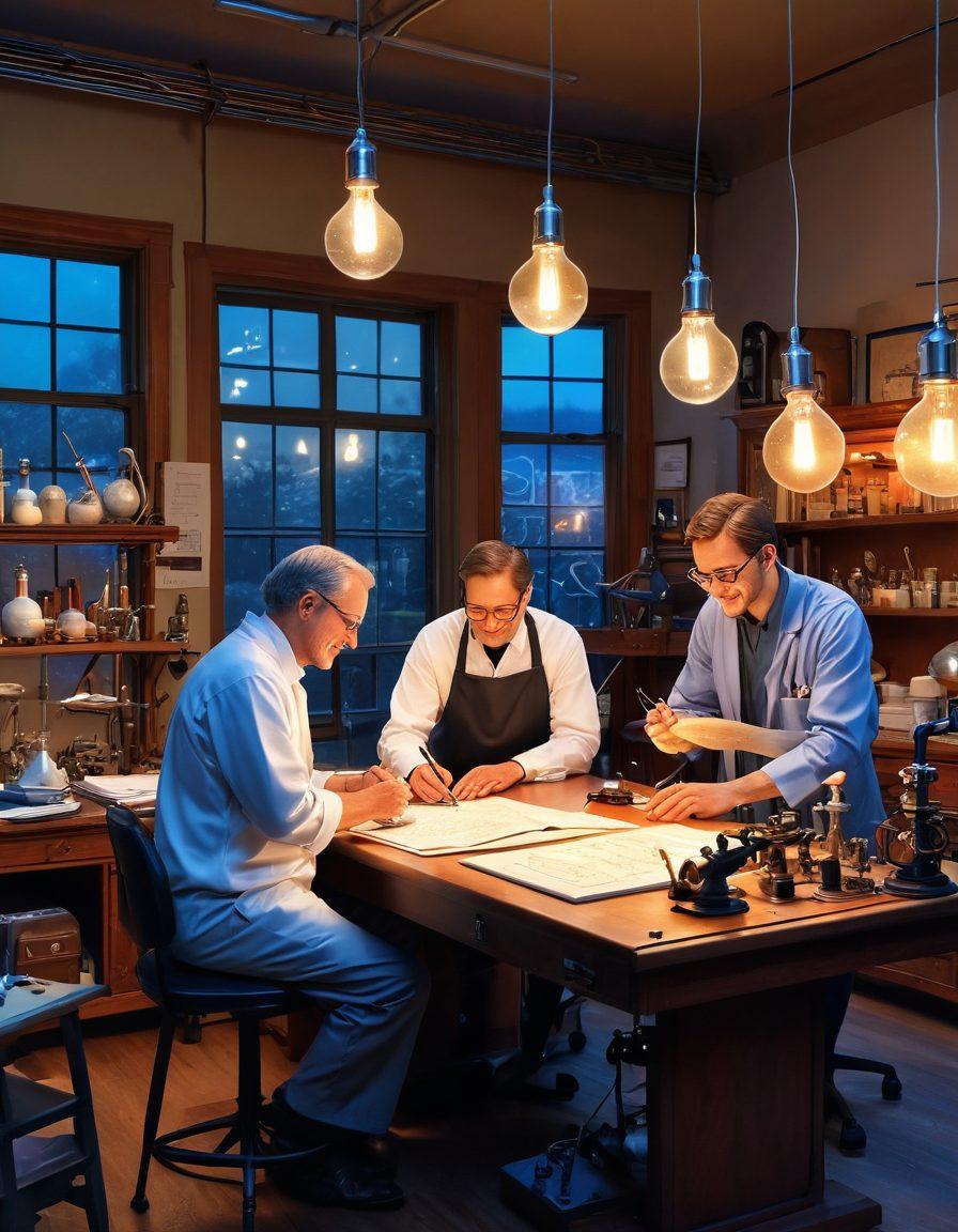 A cozy workshop scene showing scientists and engineers collaborating with various scientific instruments scattered around, showcasing fondness through their smiles and interactions. The background includes sketches, blueprints, and glowing models of scientific equipment, symbolizing creativity and innovation. Soft, warm lighting enhances the atmosphere, inviting viewers into the world of scientific development. vibrant colors. super-realistic.