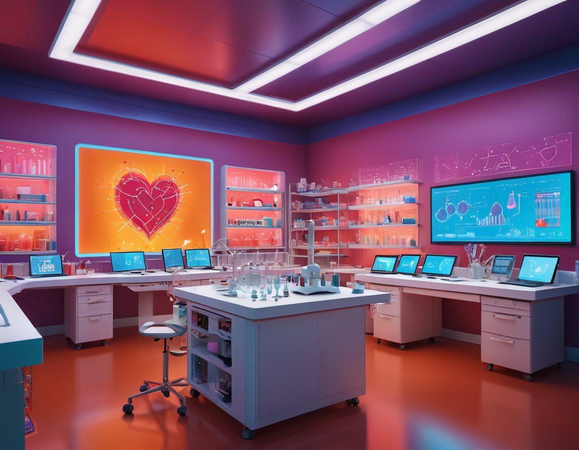 A vibrant laboratory setting showcasing a blend of modern technology and heartfelt innovation. Display intricate lab equipment with glowing features, complemented by heart motifs subtly integrated into the design. Include diverse scientists collaborating, brainstorming amidst colorful charts and supplies. The atmosphere should exude a sense of passion and creativity, with a warm color palette. super-realistic. vibrant colors. 3D.
